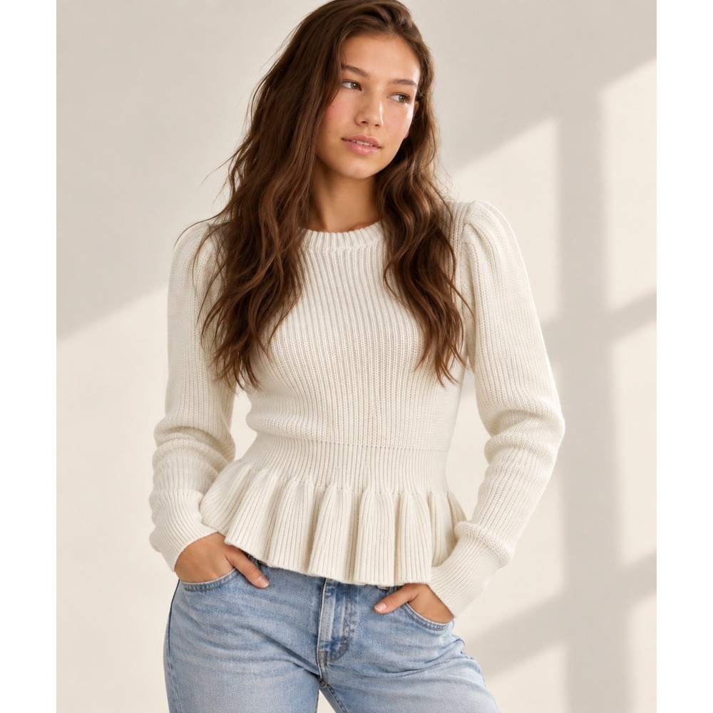 Preppy Ivory Ribbed Cotton Peplum Sweater Womens XS Coquette Classic Feminine